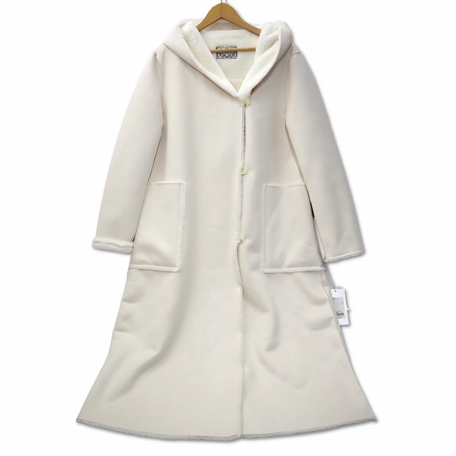 【中古】未使用品 DOSDIOSAS フェイクムートン フーディ コート 38 ホワイト レディース