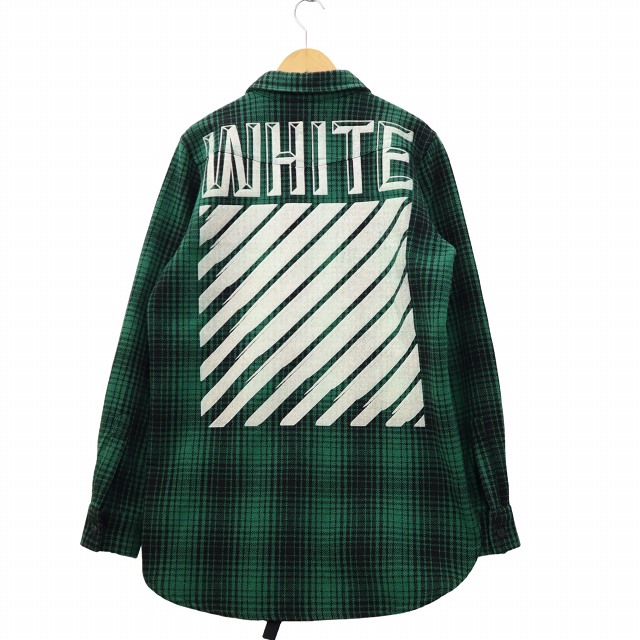 【中古】オフホワイト OFF WHITE チェック プリント ボタンアップ フランネルシャツ S GREEN グリーン メンズ