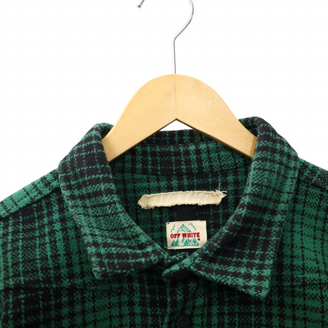 【中古】オフホワイト OFF WHITE チェック プリント ボタンアップ フランネルシャツ S GREEN グリーン メンズ_2