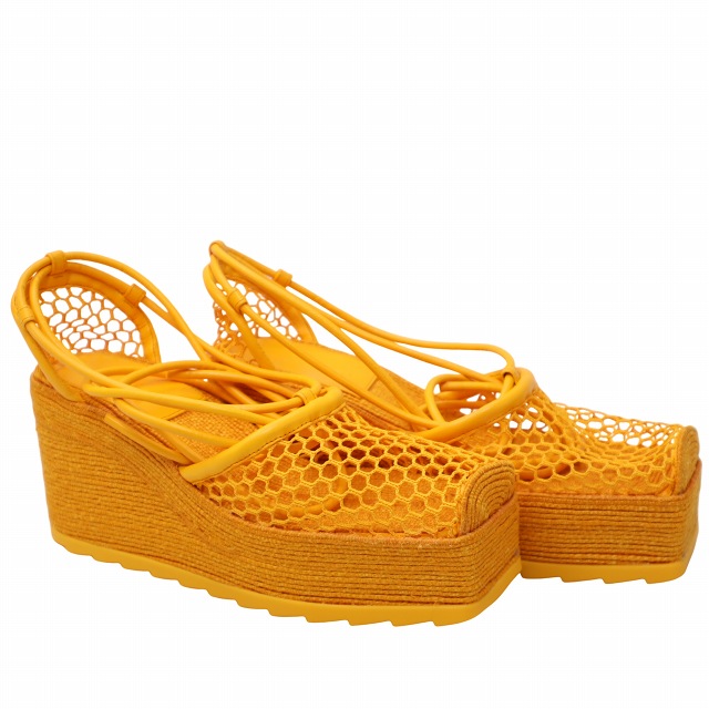 【中古】未使用品 BOTTEGA VENETA 24cm オープンニット プラットフォーム エスパドリーユ パンプス オレンジ