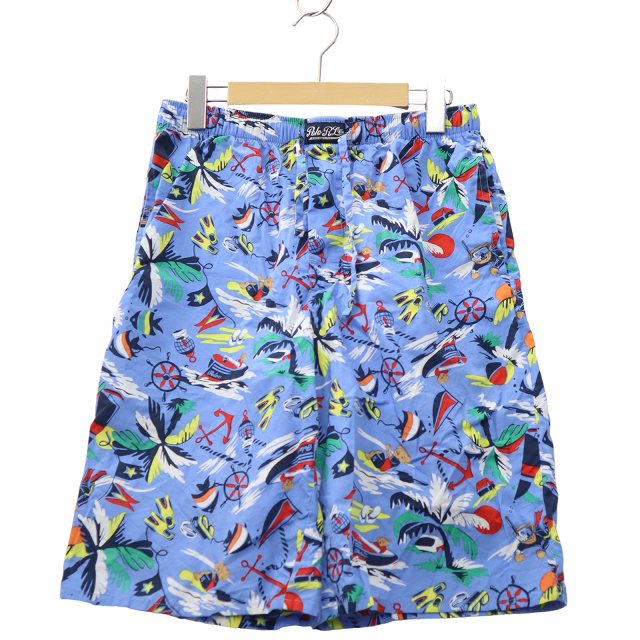 【中古】POLO RALPH LAUREN ポロベア柄 ドローコード ウエストゴム ショートパンツ ショーツ M BLUE ブルー メンズ