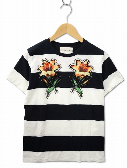 【中古】グッチ GUCCI 422730-X3D95 クルーネック フラワー刺繍 スタッズ装飾 半袖 ボーダー Tシャツ M