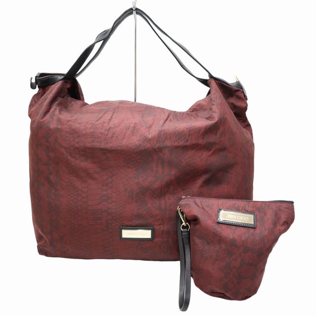 【中古】ジミーチュウ JIMMY CHOO CAMELEON JIN SNAKE PRINT ポーチ付き ナイロン トートバッグ バーガンディー
