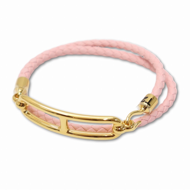 【中古】未使用品 エルメス HERMES レザーブレスレット 《ルリ》 ドゥブルトゥール T2 ローズ・サクラ レディース