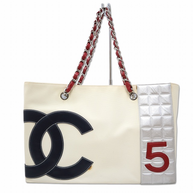 【中古】シャネル CHANEL キャンバス×レザー ココマーク No.5 チョコバー チェーン トートバッグ レディース