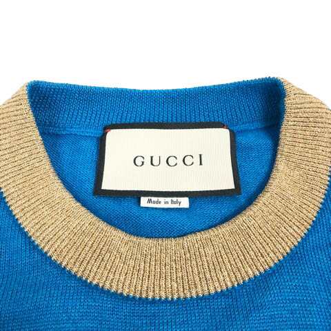 【中古】グッチ GUCCI ミケーレ期 472444 X5S94 ニット 長袖 XXV ハート 剣 刺繍 ビジュー パール カシミヤ混 S 青 金 赤  レディース｜au PAY マーケット