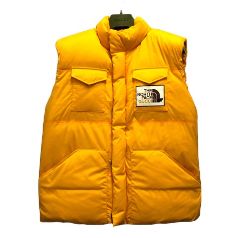 【中古】未使用品 グッチ GUCCI ×THE NORTH FACE 663761 キャット ダウンベスト ナイロン プリント ロゴ S 黄 イエロー メンズ