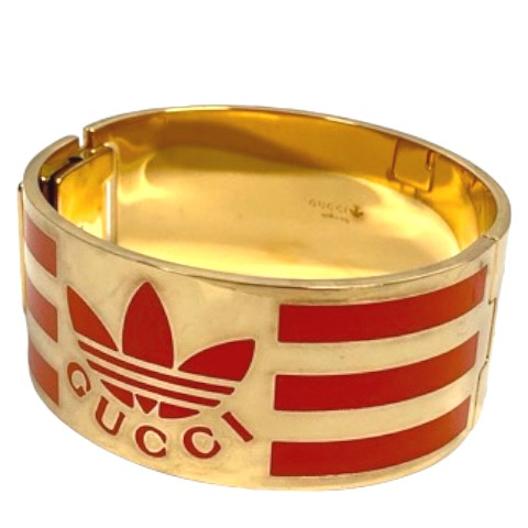 【中古】未使用品 グッチ GUCCI ×アディダス adidas カフ ブレスレット バングル ストライプ ライン ロゴ ゴールド オレンジ レディース