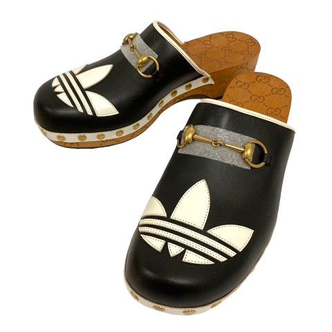 【中古】未使用品 グッチ GUCCI ×アディダス adidas 702252 トレフォイル クロッグサンダル サボサンダル 9 ブラック ホワイト メンズ