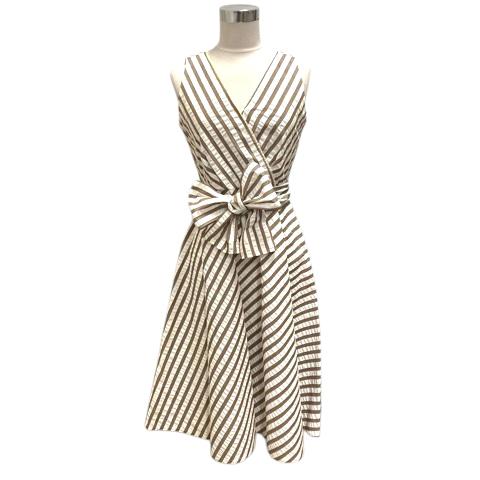 【中古】未使用品 エムズグレイシー ワンピース ノースリーブ ストライプ リボン フレア 膝丈 38 白 ホワイト 茶 ブラウン レディース