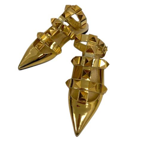 【中古】ヴァレンティノ ヴァレンチノ  VALENTINO サンダル フラットシューズ スタッズ ポインテッドトゥ 35 ゴールド レディース