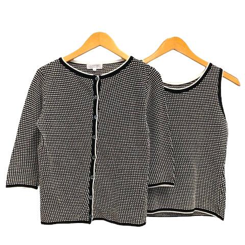 【中古】ランバン LANVIN アンサンブルニット カーディガン ノースリーブ カットソー 38 黒 ブラック 白 ホワイト レディース