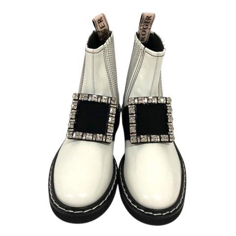 【中古】ロジェヴィヴィエ ROGER VIVIER ショートブーツ サイドゴア エナメル バックル ビジュー 35.5 ホワイト ブラック レディース 中古】ロジェヴィヴィエ ROGER VIVIER ショートブーツ サイドゴア