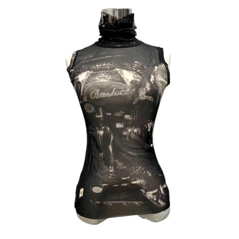 【中古】ジャンポールゴルチエ カットソー ノースリーブ タートルネック パワーネット シースルー La Basoche 総柄 40 黒 レディース