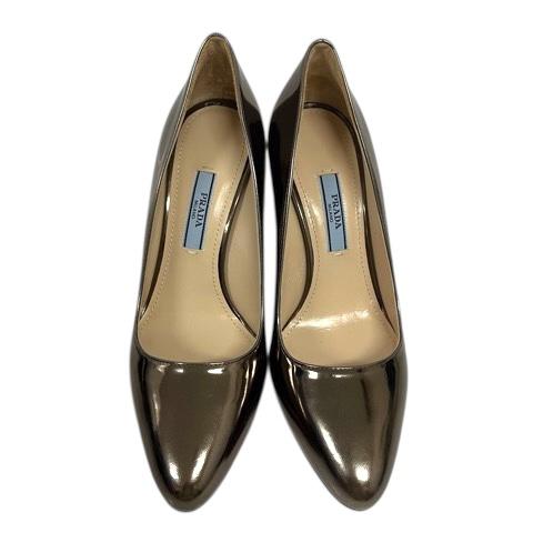 【中古】プラダ PRADA パンプス シューズ ラウンドトゥ ピンヒール エナメル 35 ブロンズ 茶 ブラウン レディース