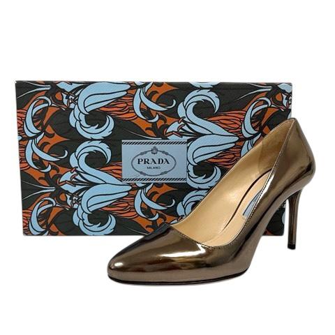 【中古】プラダ PRADA パンプス シューズ ラウンドトゥ ピンヒール エナメル 35 ブロンズ 茶 ブラウン レディース