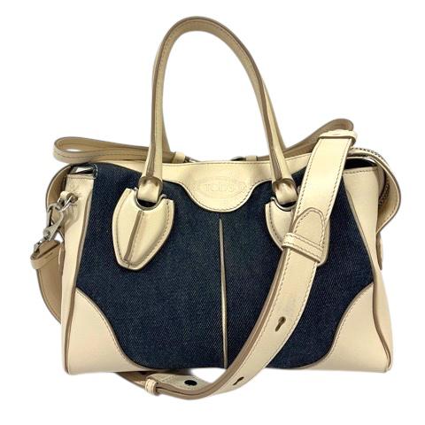 【中古】トッズ TOD'S ハンドバッグ ショルダーバッグ 2WAY デニム ロゴ 白 アイボリー インディゴブルー レディース