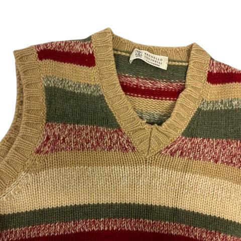 【中古】ブルネロクチネリ BRUNELLO CUCINELLI ニットベスト Vネック カシミヤ ボーダー 50 ベージュ マルチカラー レディース_3