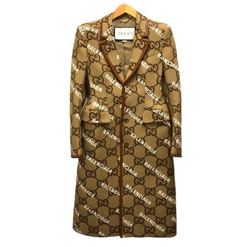 【中古】未使用品 グッチ GUCCI ×バレンシアガ 676015 ハッカー プロジェクト ジャンボGG コート ロゴ 総柄 ロング丈 長袖 46