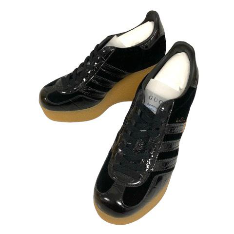 【中古】未使用品 グッチ ガゼル パテントレザー シューズ ウェッジソール スエード 36.5 黒 ブラック レディース