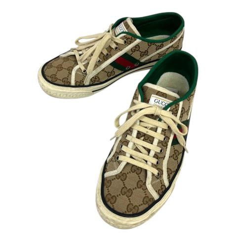 【中古】グッチ GUCCI スニーカー シェリーライン キャンバス GG柄 ローカット 7 ベージュ 緑 グリーン 赤 レッド メンズ