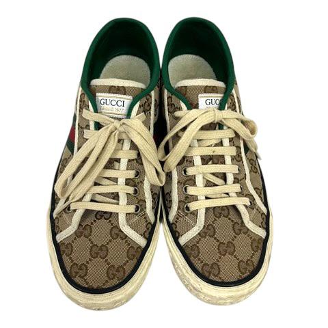 【中古】グッチ GUCCI スニーカー シェリーライン キャンバス GG柄 ローカット 7 ベージュ 緑 グリーン 赤 レッド メンズ