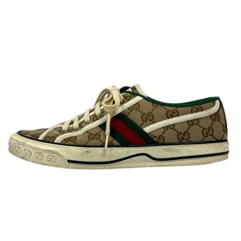 【中古】グッチ GUCCI スニーカー シェリーライン キャンバス GG柄 ローカット 7 ベージュ 緑 グリーン 赤 レッド メンズ