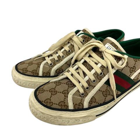 【中古】グッチ GUCCI スニーカー シェリーライン キャンバス GG柄 ローカット 7 ベージュ 緑 グリーン 赤 レッド メンズ