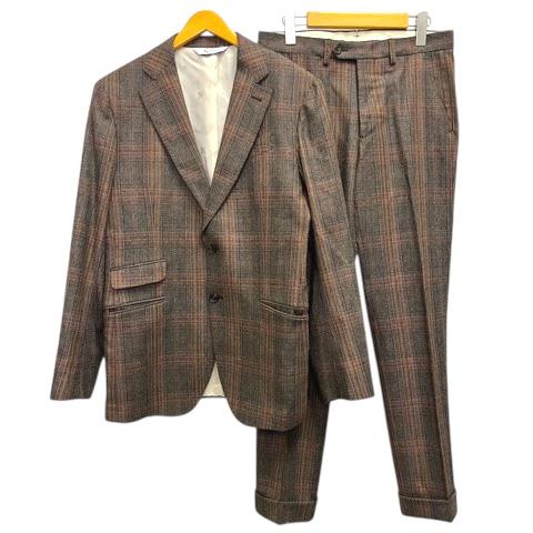 【中古】BOTTEGA MARTINESE セットアップ スーツ シングル チェック ウール混 46 茶 ブラウン メンズ