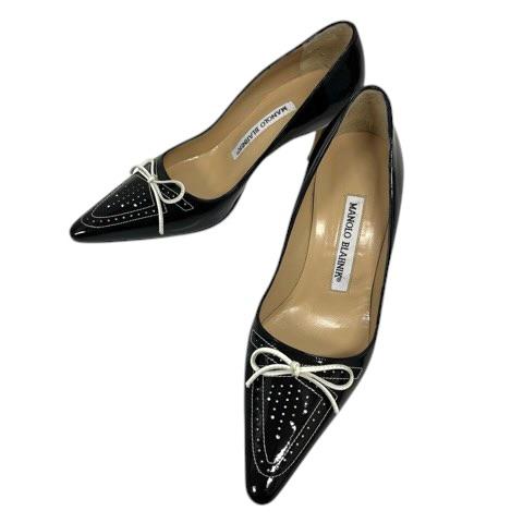 【中古】マノロブラニク MANOLO BLAHNIK パンプス ポインテッドトゥ エナメル リボン 34.5 黒 ブラック レディース