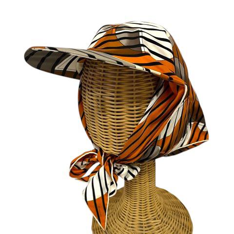 【中古】エルメス HERMES スカーフキャップ 帽子 シルク ボーダー ストライプ 総柄 オレンジ レディース