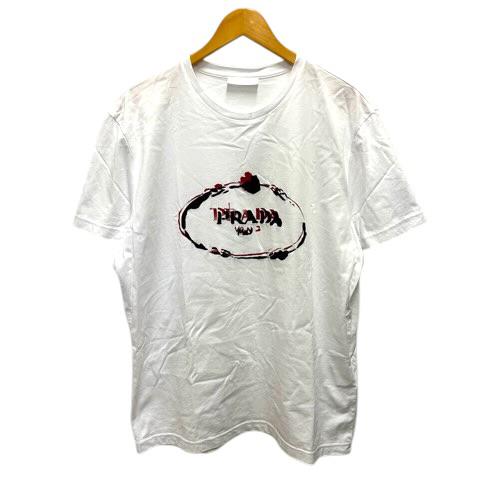 【中古】プラダ PRADA Tシャツ コットン ロゴ プリント 刺繍 半袖 XXXL 白 ホワイト メンズ
