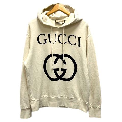 【中古】グッチ GUCCI 475374 パーカー フーディ プルオーバー コットン ロゴプリント 長袖 S 白 アイボリー メンズ