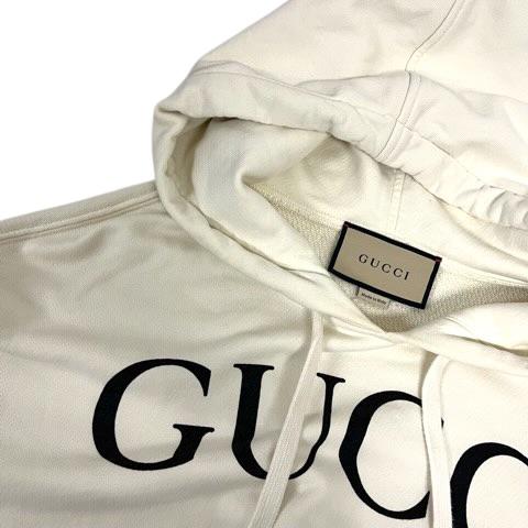 【中古】グッチ GUCCI 475374 パーカー フーディ プルオーバー コットン ロゴプリント 長袖 S 白 アイボリー メンズ_3