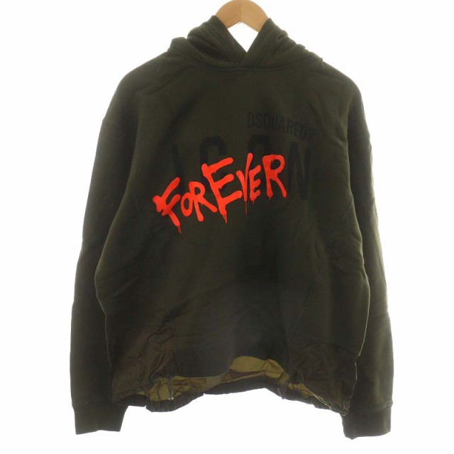 【中古】ディースクエアード DSQUARED2 タグ付き Icon 4Ever Hoodie パーカー プルオーバー ロゴ 裏起毛 L カーキ