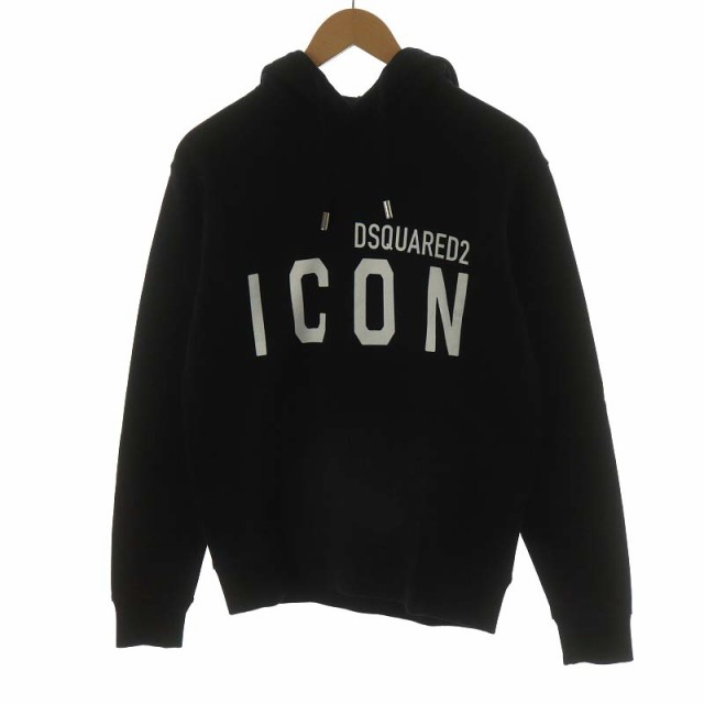 【中古】未使用品 ディースクエアード DSQUARED2 タグ付き ICON パーカー プルオーバー ロゴ プリント 裏起毛 XS 黒