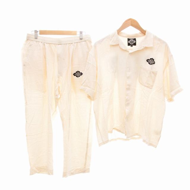 【中古】GAKKIN BUDSPOOL 花罰家紋 セットアップ オープンカラーシャツ 開襟 イージーパンツ ロゴ刺繍 レーヨン XLの通販は 45,000円