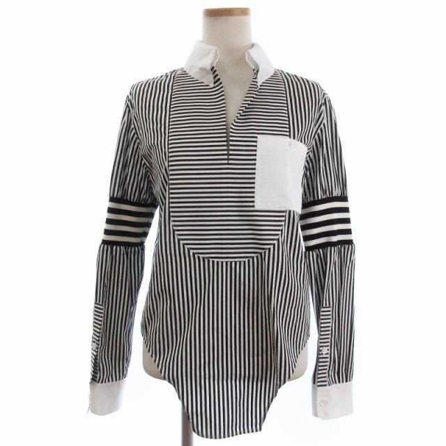 【中古】バーバリー 切替 ストライプ スキッパー シャツ ブラウス 長袖 ホワイト ブラック 34 レディース