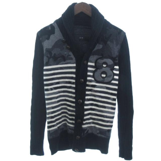 【中古】AKM ショールカラー ニット カーディガン ワッペン ボーダー カモフラ K054 グレー ブラック S メンズ