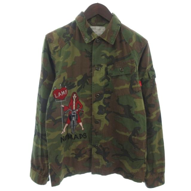 【中古】ダブルタップス WTAPS JUNGLE L/S ミリタリージャケット シャツ 刺繍 カモフラ カーキ グリーン系 メンズ