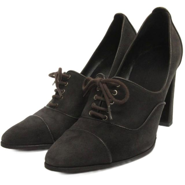 【中古】エルメス HERMES レースアップ ポインテッドトゥ パンプス スエード ダークグレー系 36 レディース