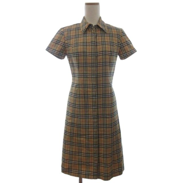【中古】バーバリーズブルーレーベル 半袖 シャツ ワンピース ノバチェック ひざ丈 ベージュ系 38 レディース