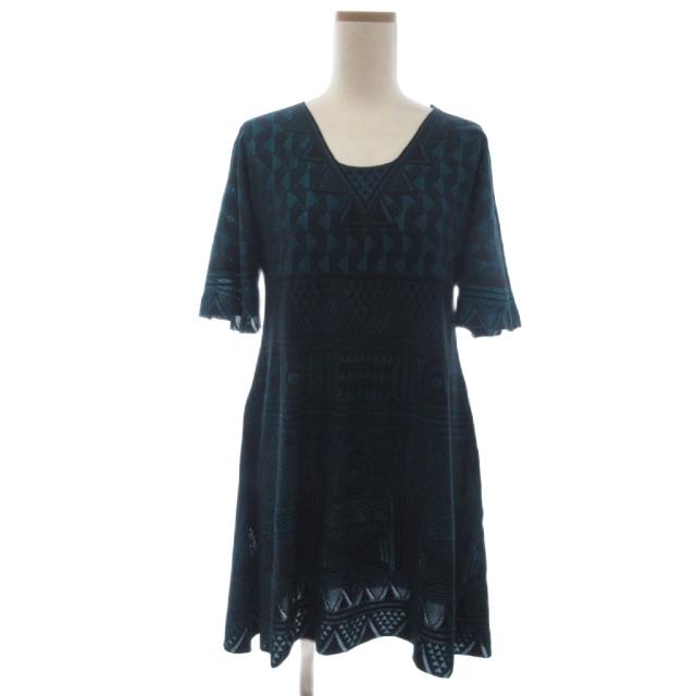【中古】プリーツプリーズ PLEATS PLEASE イッセイミヤケ チュニック ワンピース 半袖 幾何学模様 ブルー系 3 ■ECT