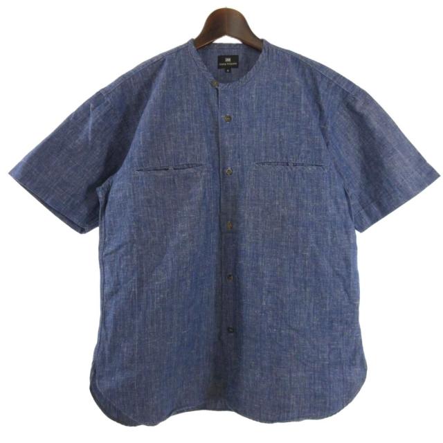 【中古】イッセイミヤケ ISSEY MIYAKE シャツ 半袖 ノーカラー ポケット コットン インディゴ S ■ECT メンズ