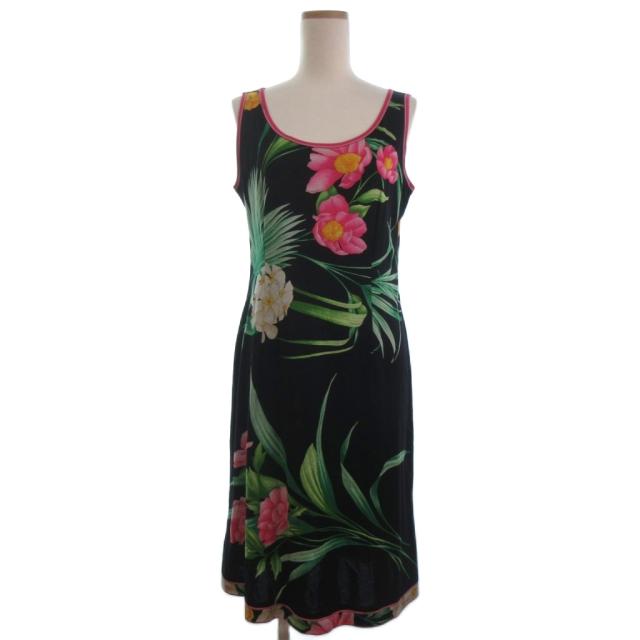 【中古】レオナール LEONARD FASHION 花柄 ノースリーブ ワンピース ブラック系 L ■ECT レディース