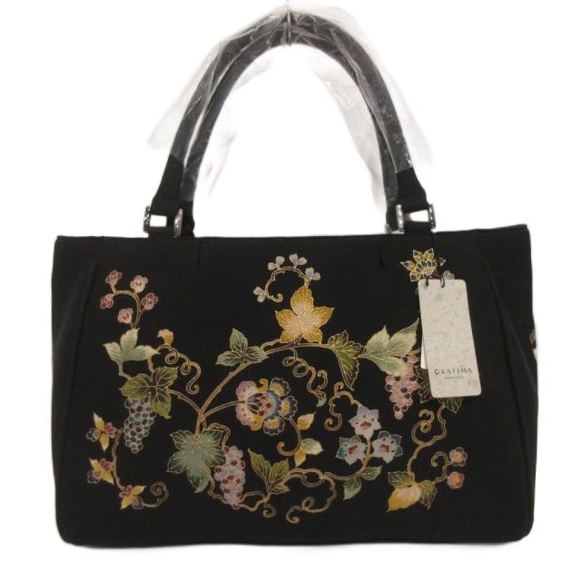 【中古】未使用品 OKAJIMA オカジマ 岡重製 縮緬地 トートバッグ 葡萄 花模様 和装 黒 ブラック  レディース