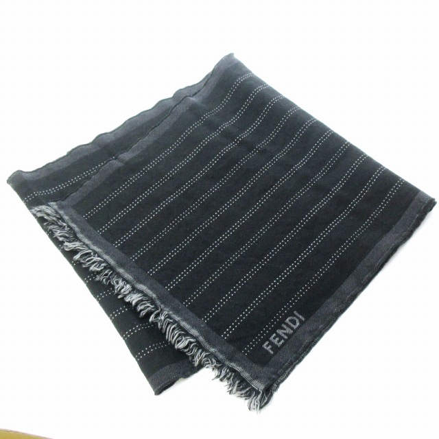 【中古】フェンディ FENDI マフラー フリンジ ストライプ ウール イタリヤ製 グレー ブラック メンズの通販は 7,800円