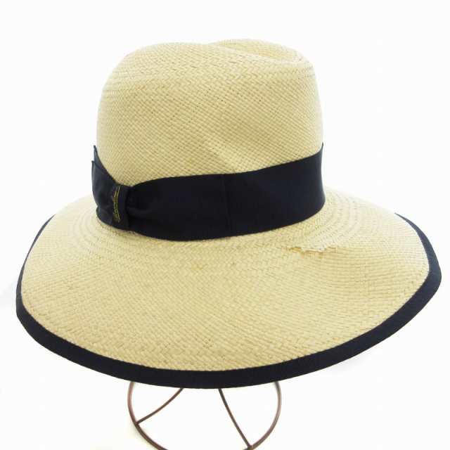 【中古】ボルサリーノ Borsalino ストローハット 中折れ帽子 S ベージュ 紺 ネイビー /BL 0913 IBO55 レディース