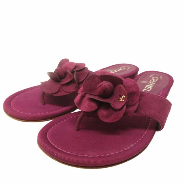 【中古】シャネル CHANEL カメリア×ココマーク サンダル トング スエード シューズ G31486 37 1/2 C 約24.0cm IBO55の通販は