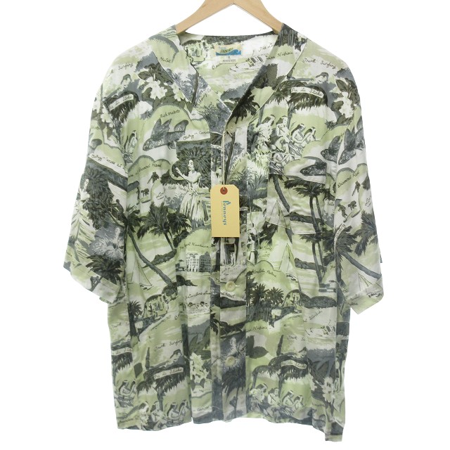 【中古】未使用品 ペニーズ PENNYS HAWAII タグ付き アロハシャツ ノーカラー 総柄 グリーン系 緑系 Lサイズ STKの通販は